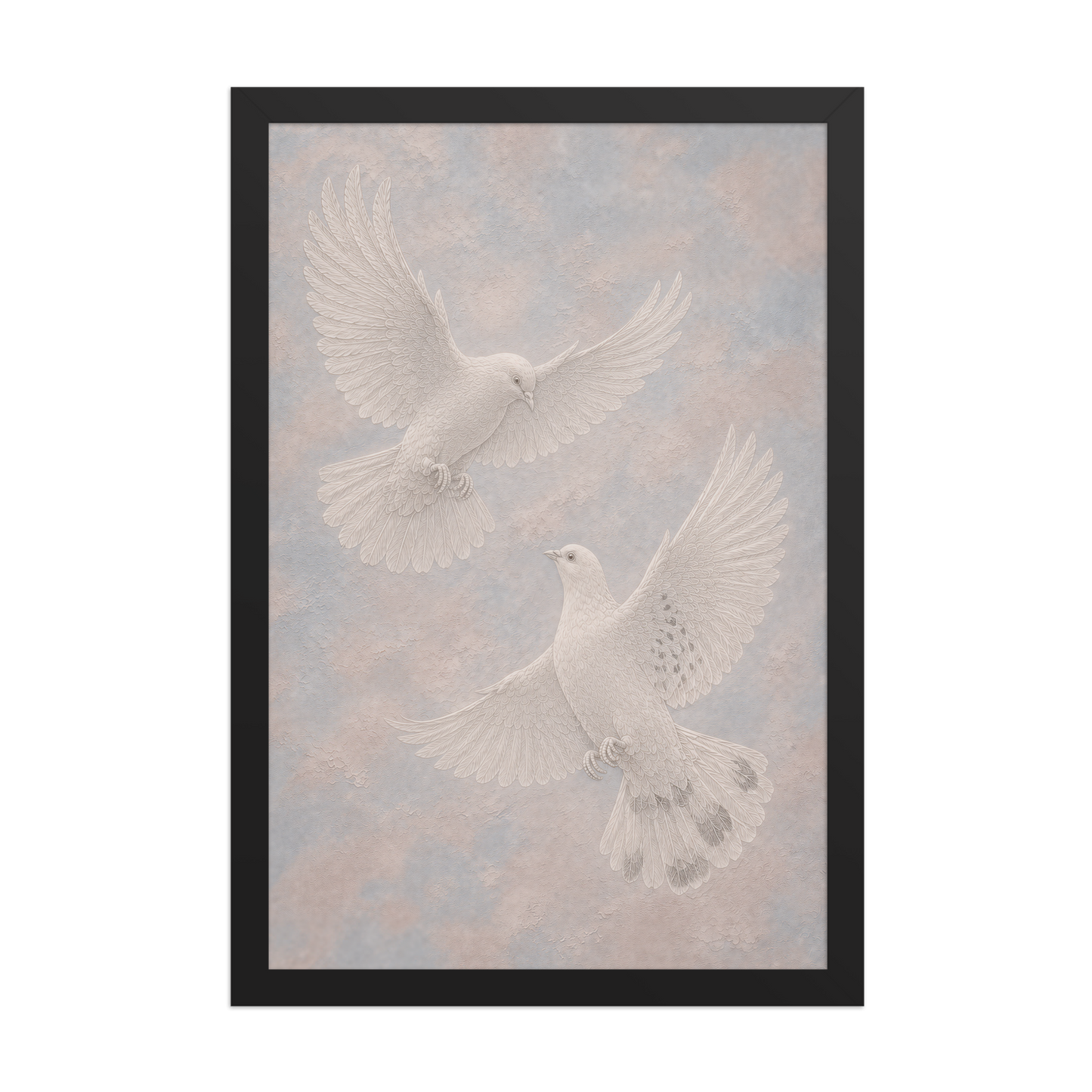 Framed two peace doves print with embossed relief-look design on dusty blue and blush textured background