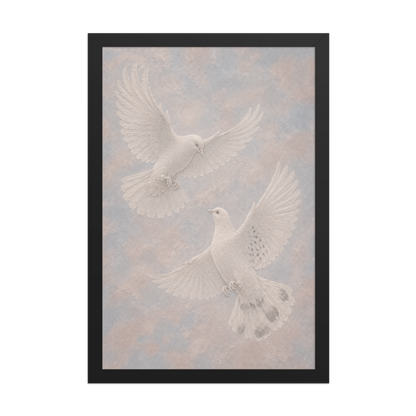 Framed two peace doves print with embossed relief-look design on dusty blue and blush textured background
