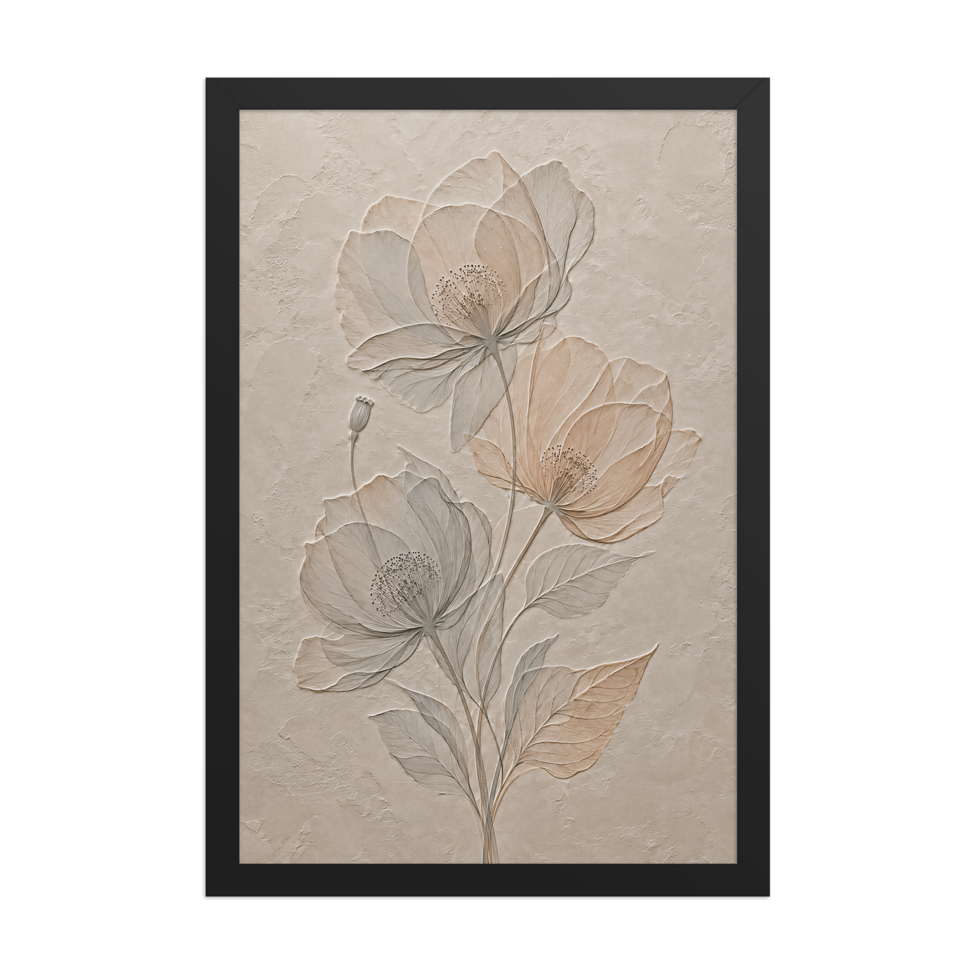 Framed wildflower bouquet print with embossed relief-look design on neutral beige textured background
