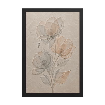 Framed wildflower bouquet print with embossed relief-look design on neutral beige textured background