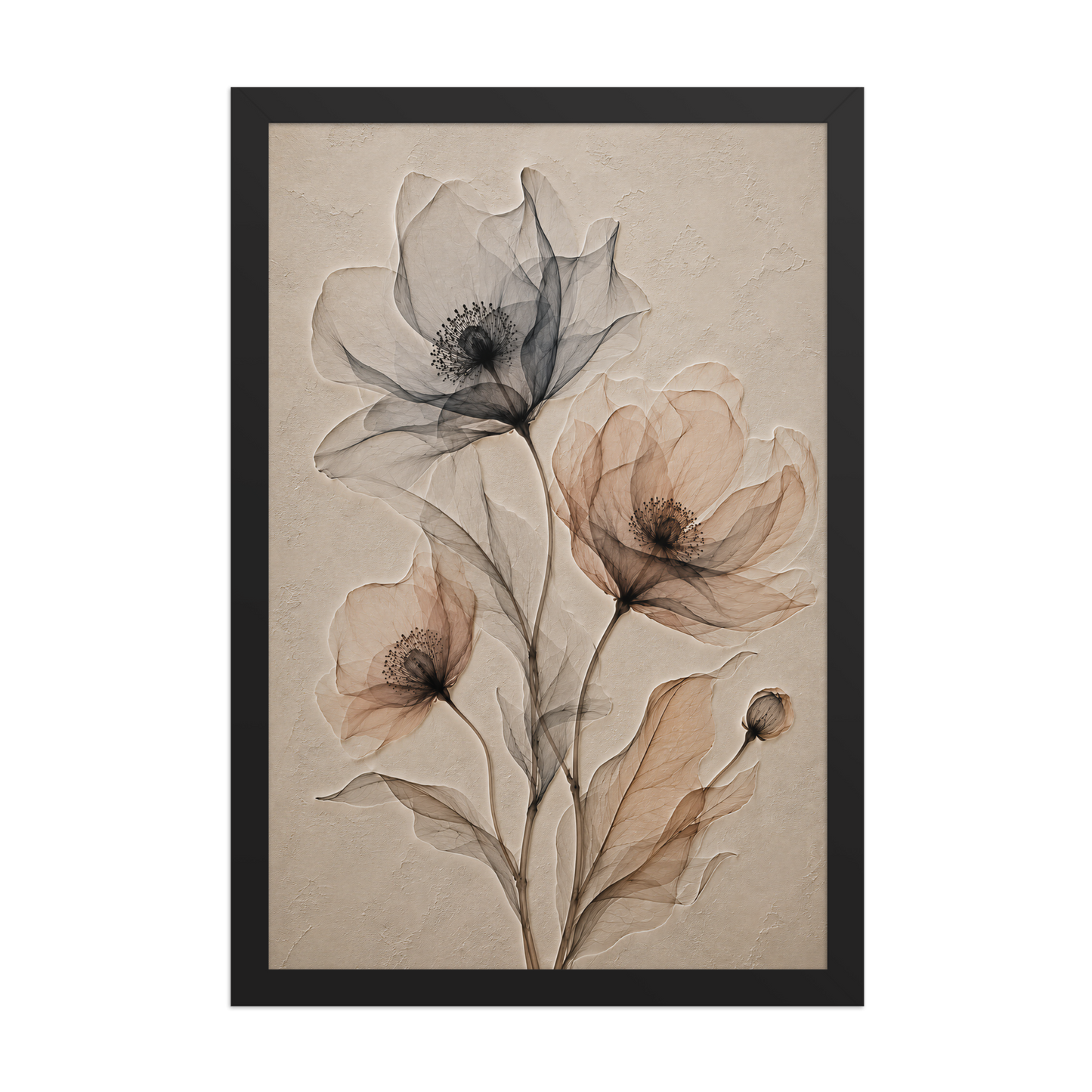Framed wildflower trio print with embossed relief-look design in charcoal and clay tones on beige textured background