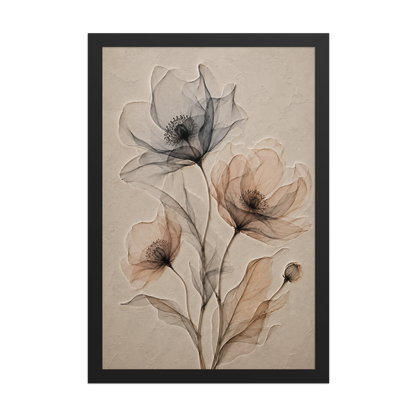 Framed wildflower trio print with embossed relief-look design in charcoal and clay tones on beige textured background