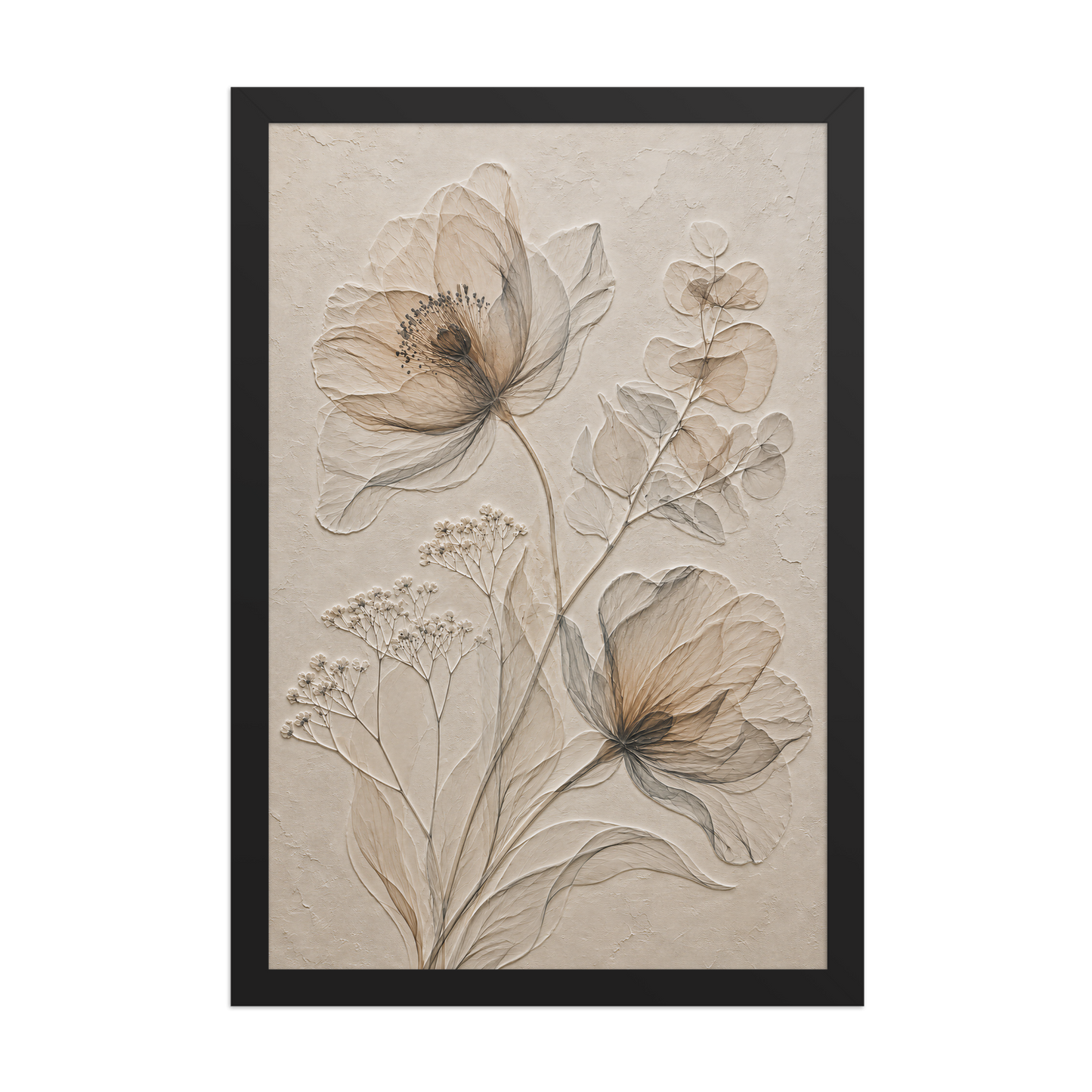 Framed botanical study print with embossed relief-look design in warm sepia tones on beige textured background
