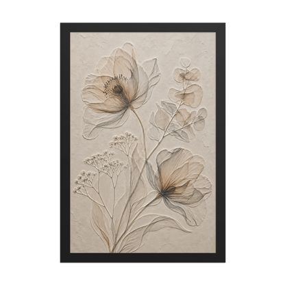 Framed botanical study print with embossed relief-look design in warm sepia tones on beige textured background