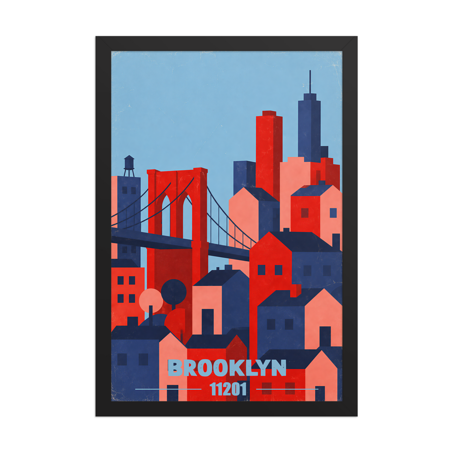 Framed Brooklyn Bridge retro travel poster, 11201 zip code wall art