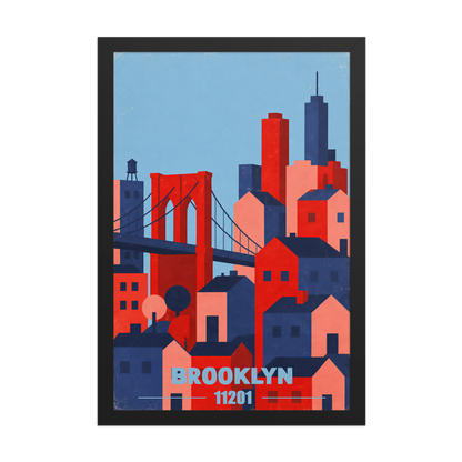 Framed Brooklyn Bridge retro travel poster, 11201 zip code wall art