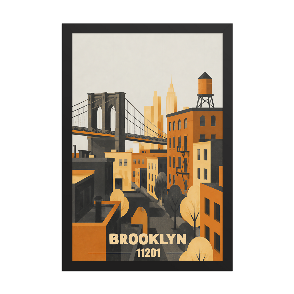 Framed Brooklyn fire escape retro travel poster, 11201 zip code wall art