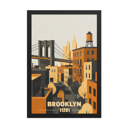 Framed Brooklyn fire escape retro travel poster, 11201 zip code wall art