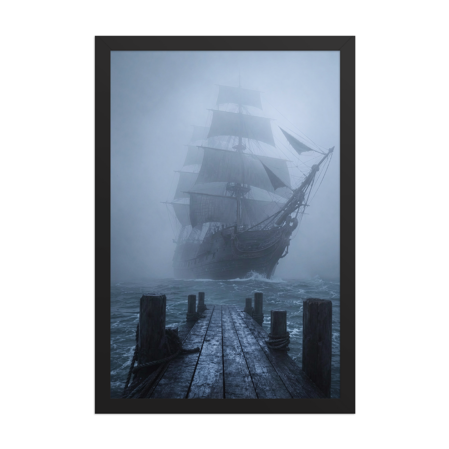 Ghost ship emerging from fog at dawn, dark moody framed wall art print ready to hang, JMTR Jeometry Store