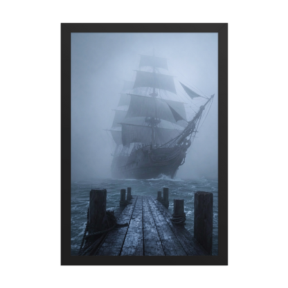 Ghost ship emerging from fog at dawn, dark moody framed wall art print ready to hang, JMTR Jeometry Store