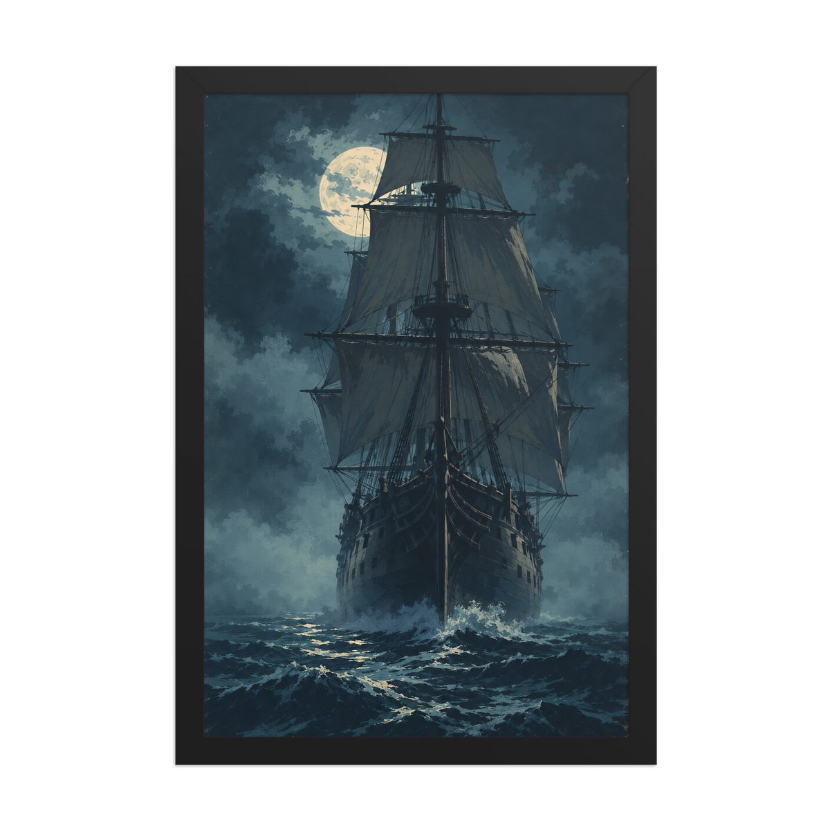 Tall ship sailing under full moon at night, vintage atmospheric nautical framed wall art print ready to hang, JMTR Jeometry Store