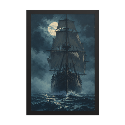 Tall ship sailing under full moon at night, vintage atmospheric nautical framed wall art print ready to hang, JMTR Jeometry Store