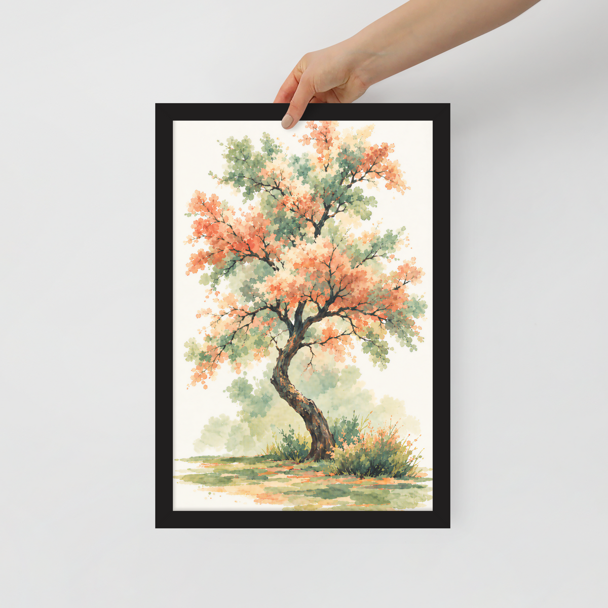 Watercolor painting of a blossoming tree with coral and sage green leaves, twisting trunk in a quiet meadow, framed wall art print ready to hang, JMTR Jeometry Store
