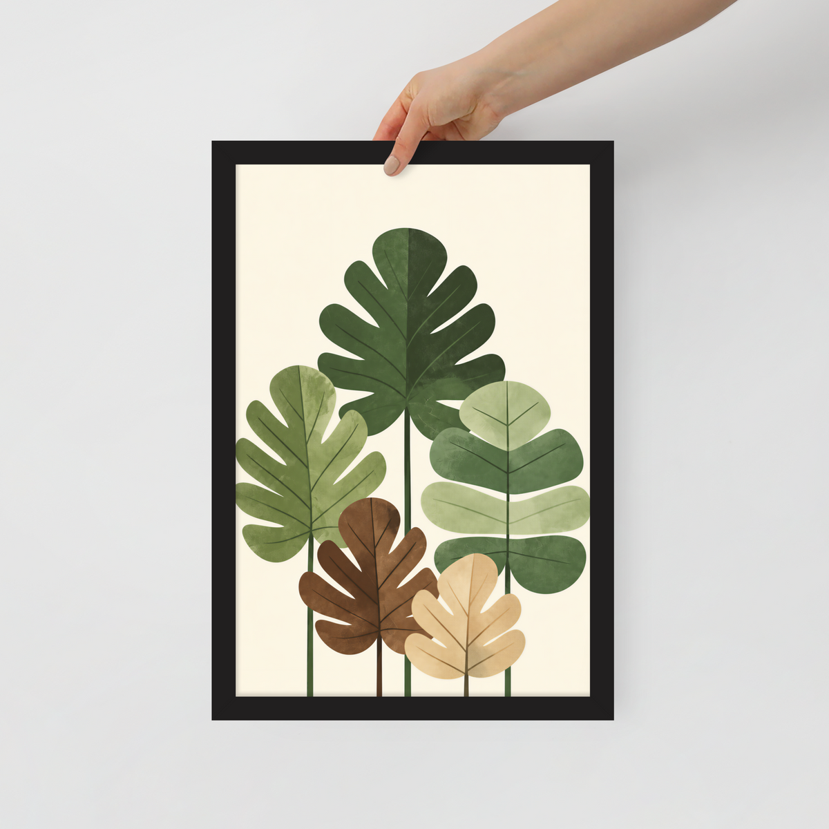 Illustrated fig leaves in shades of green, brown and gold with textured paper-like finish, framed wall art print ready to hang, JMTR Jeometry Store