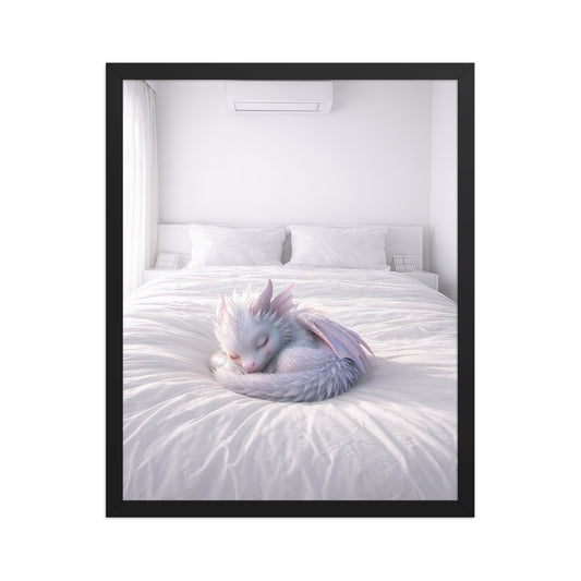 Sleeping baby dragon resting on a white bed fantasy wall art poster