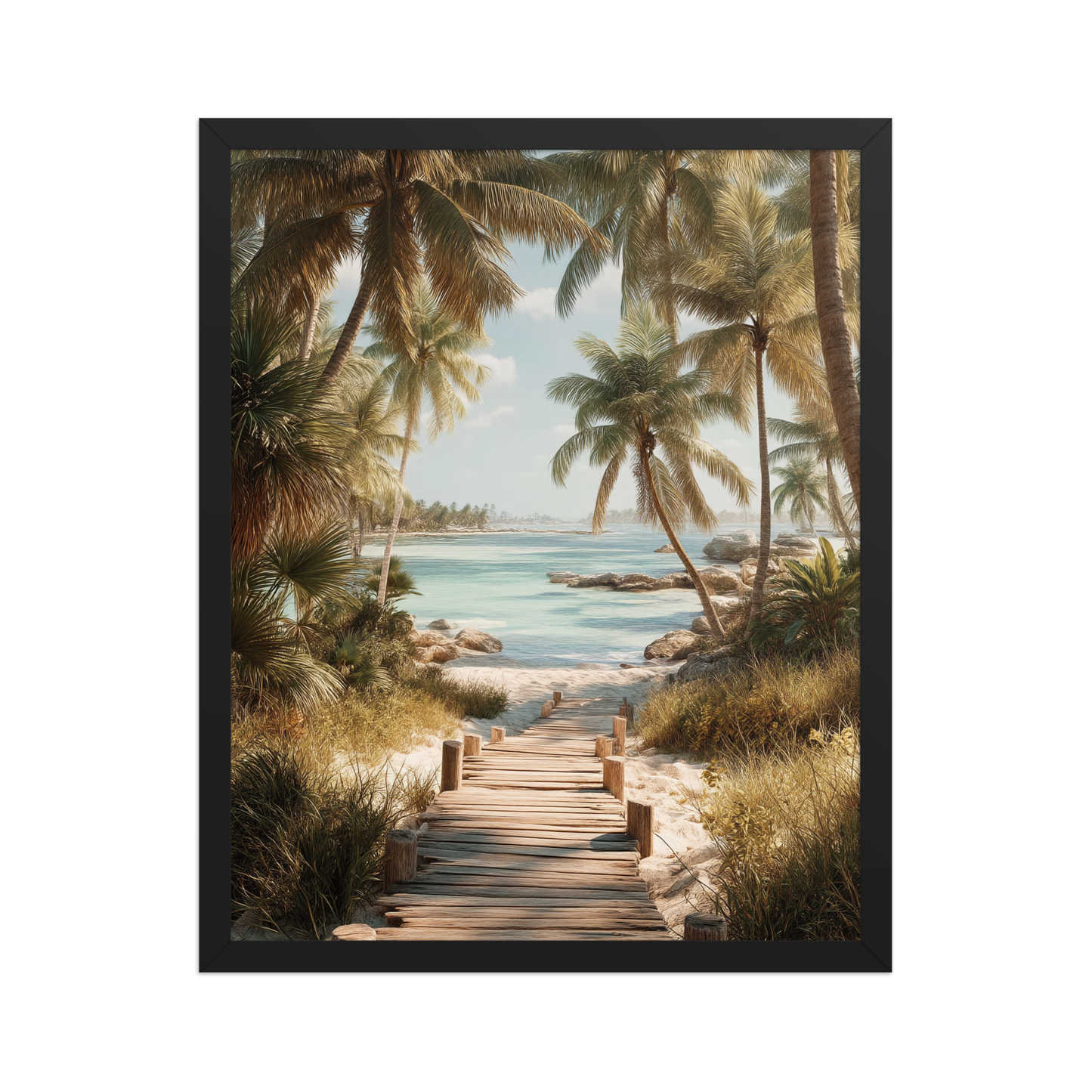 Wooden boardwalk path through tropical palm trees 
leading to calm turquoise beach, framed wall art print, 
black frame, JMTR Jeometry Store