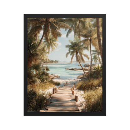 Wooden boardwalk path through tropical palm trees 
leading to calm turquoise beach, framed wall art print, 
black frame, JMTR Jeometry Store