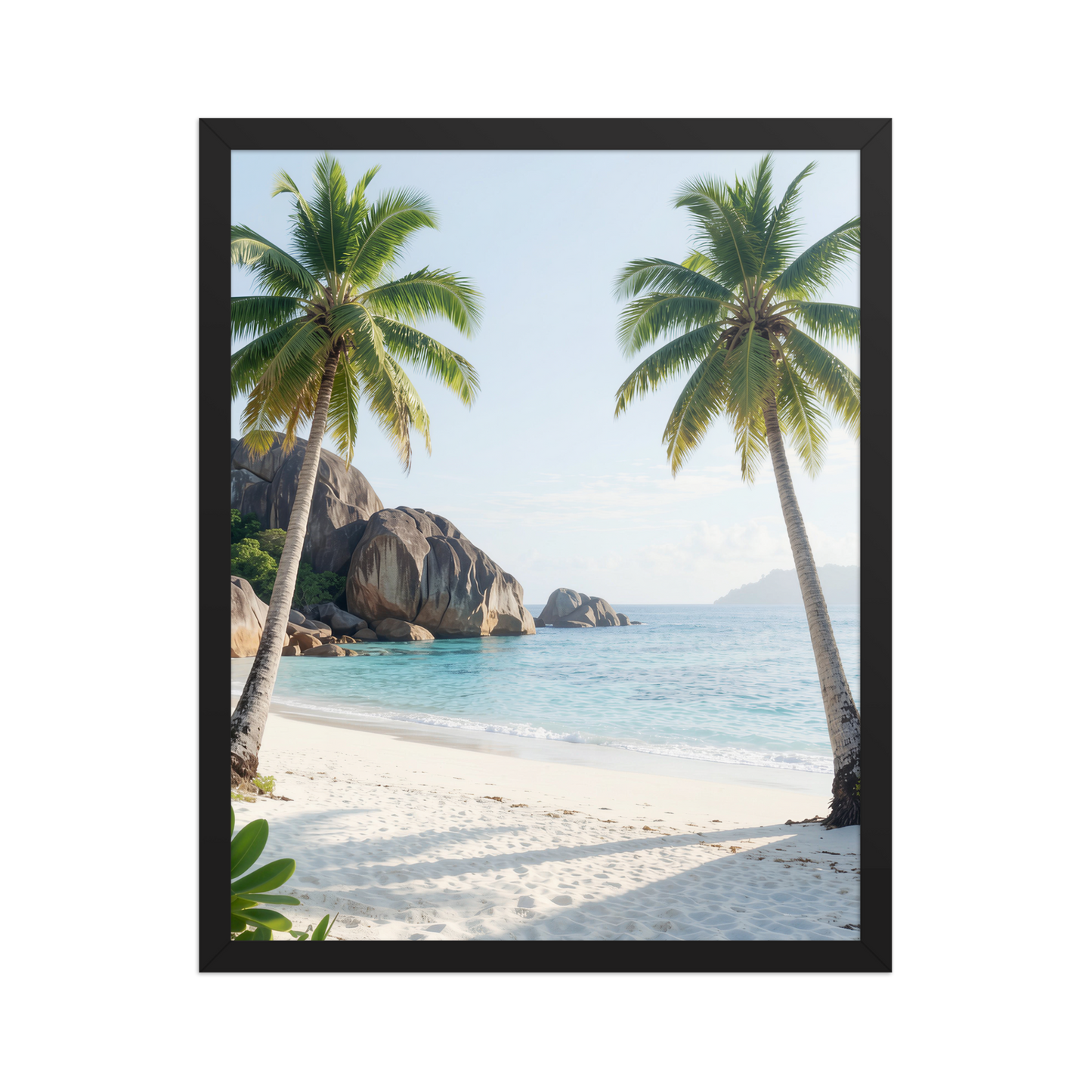 Framed tropical beach print with turquoise ocean, white sand and palm trees, ready to hang coastal wall art, JMTR Jeometry Store