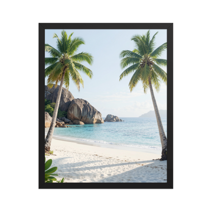 Framed tropical beach print with turquoise ocean, white sand and palm trees, ready to hang coastal wall art, JMTR Jeometry Store