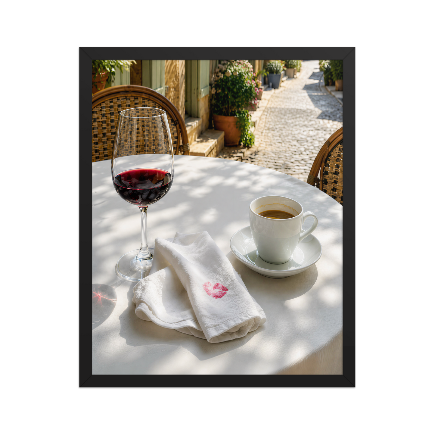 Framed sunlit café terrace print with red wine and espresso, ready to hang wall art, JMTR Jeometry Store