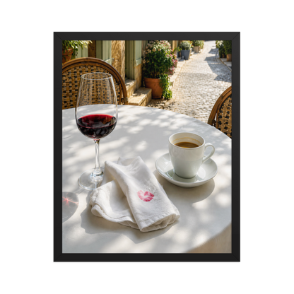 Framed sunlit café terrace print with red wine and espresso, ready to hang wall art, JMTR Jeometry Store
