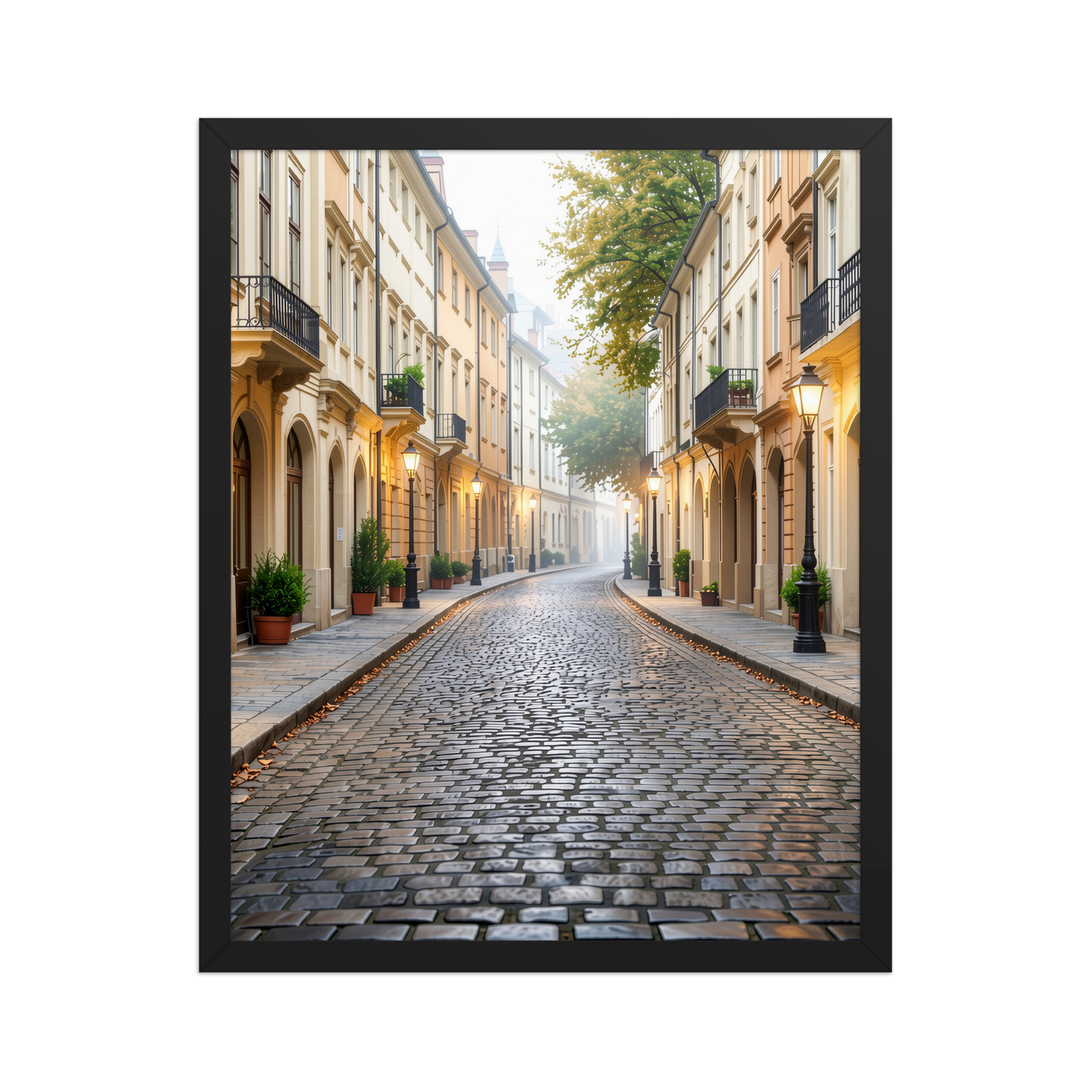 Framed European cobblestone street wall art, calm aesthetic old town morning fog poster, black frame, JMTR Jeometry Store