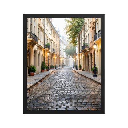 Framed European cobblestone street wall art, calm aesthetic old town morning fog poster, black frame, JMTR Jeometry Store