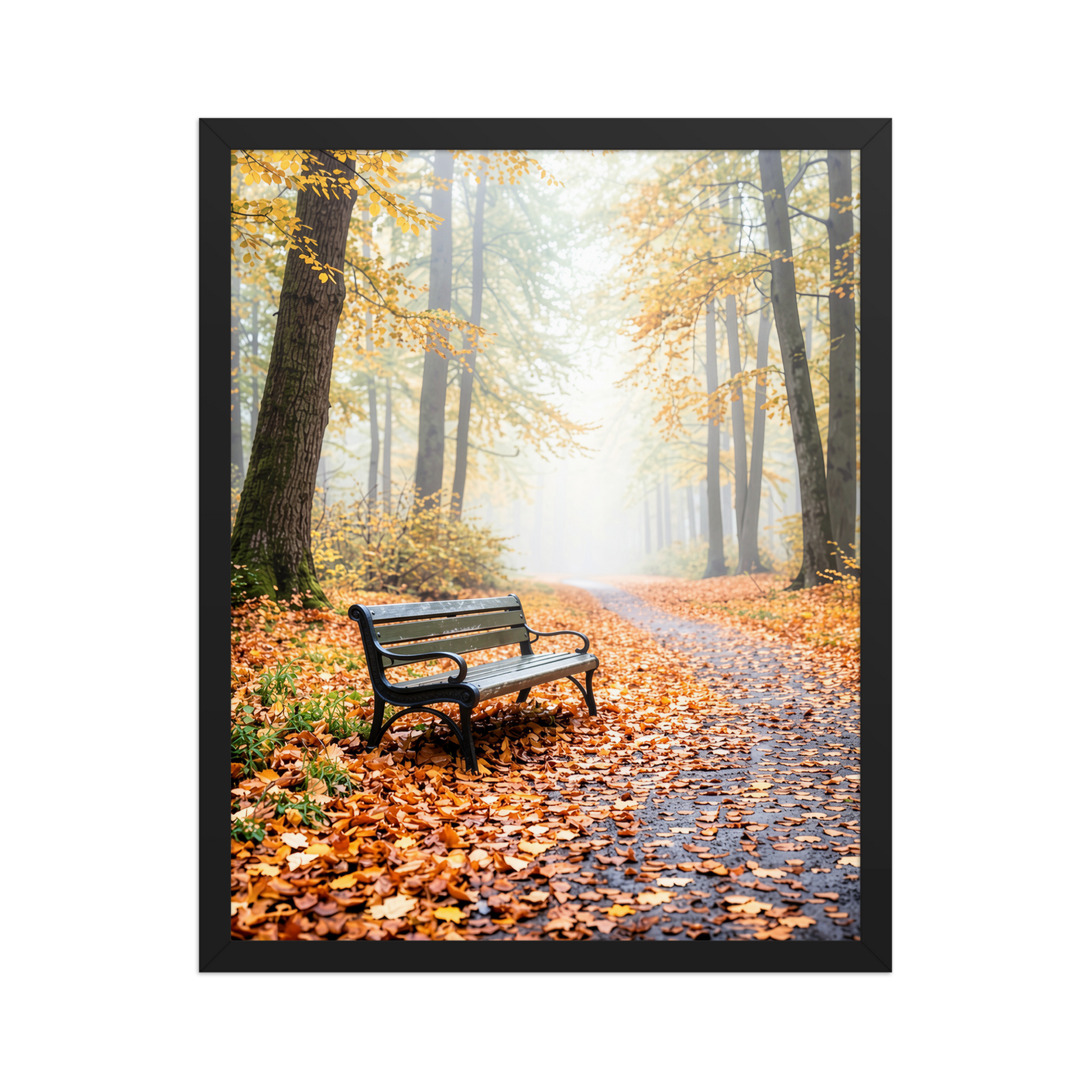 Framed autumn park bench wall art, foggy forest path fall leaves calm aesthetic poster, black frame, JMTR Jeometry Store