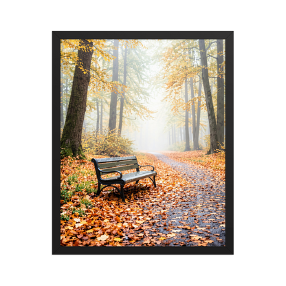 Framed autumn park bench wall art, foggy forest path fall leaves calm aesthetic poster, black frame, JMTR Jeometry Store