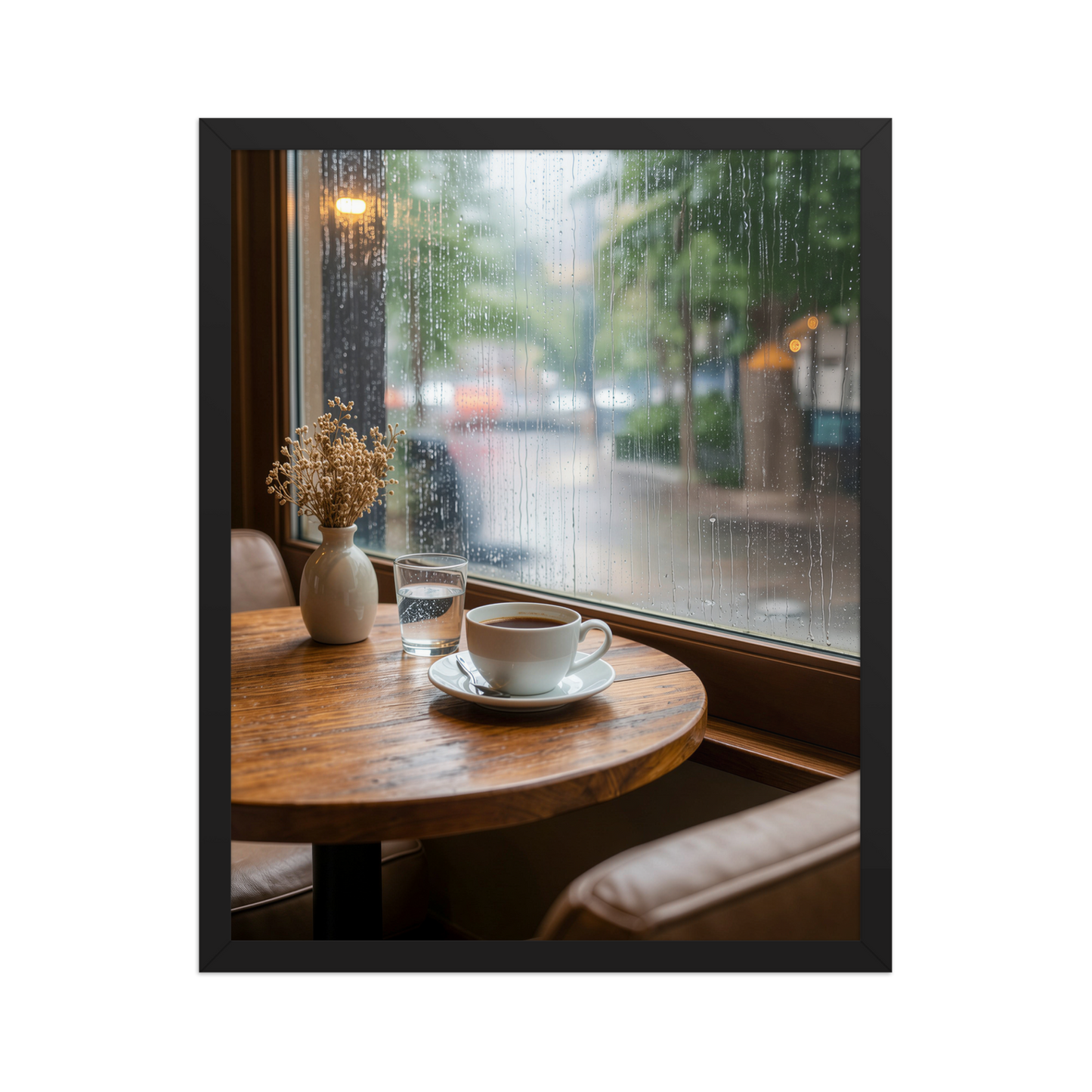 Framed rainy day cafe wall art, coffee cup by rain window calm aesthetic poster, black frame, JMTR Jeometry Store