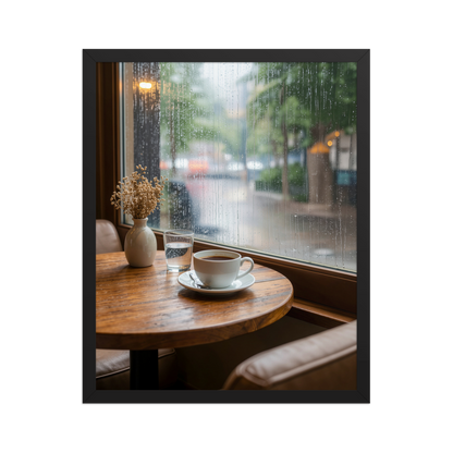 Framed rainy day cafe wall art, coffee cup by rain window calm aesthetic poster, black frame, JMTR Jeometry Store