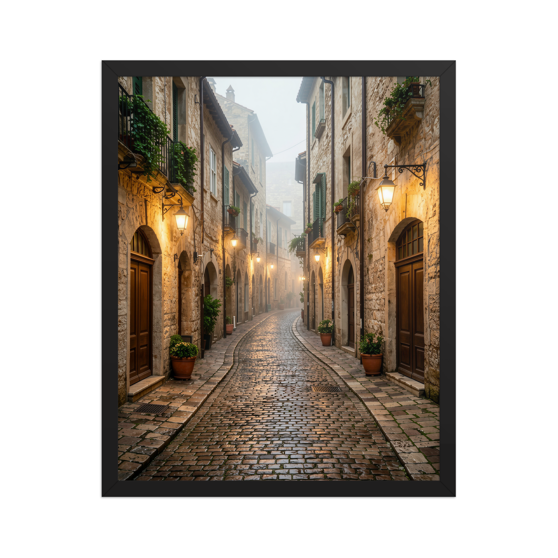 Framed Italian village cobblestone street wall art, warm lanterns foggy alley calm aesthetic poster, black frame, JMTR Jeometry Store