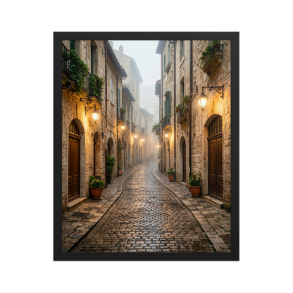 Framed Italian village cobblestone street wall art, warm lanterns foggy alley calm aesthetic poster, black frame, JMTR Jeometry Store