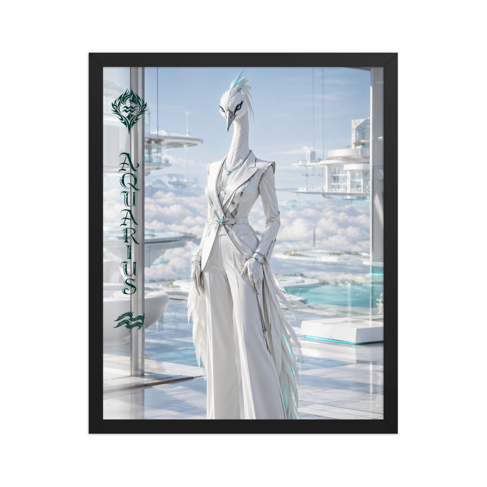 Framed Aquarius woman zodiac poster featuring a white crane standing above the clouds in a futuristic celestial city