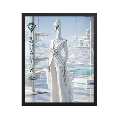 Framed Aquarius woman zodiac poster featuring a white crane standing above the clouds in a futuristic celestial city