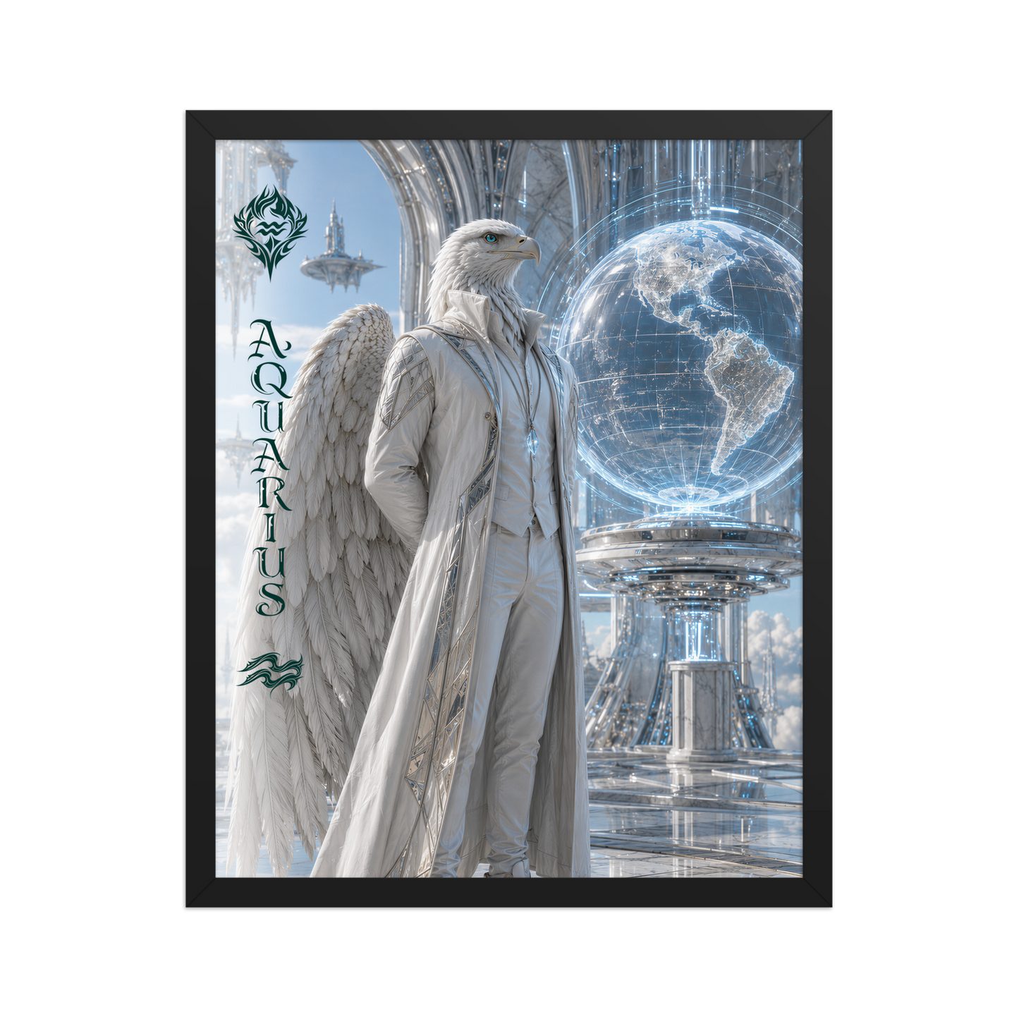 Framed Aquarius man zodiac poster featuring a white eagle standing before a glowing world in a futuristic celestial city