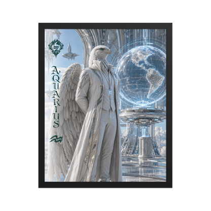 Framed Aquarius man zodiac poster featuring a white eagle standing before a glowing world in a futuristic celestial city