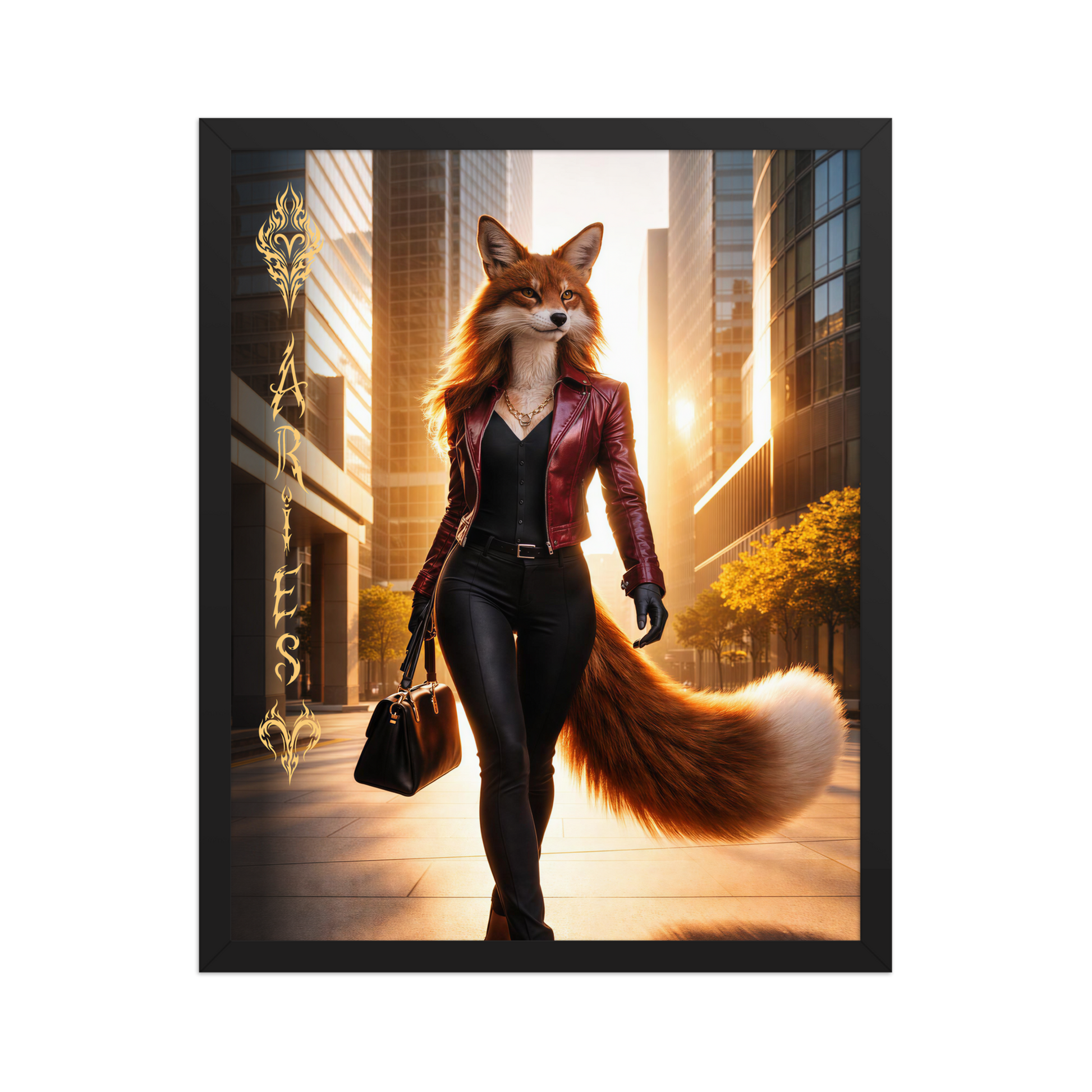 Framed Aries fox woman zodiac poster walking through a modern city at sunset