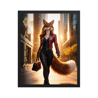 Framed Aries fox woman zodiac poster walking through a modern city at sunset