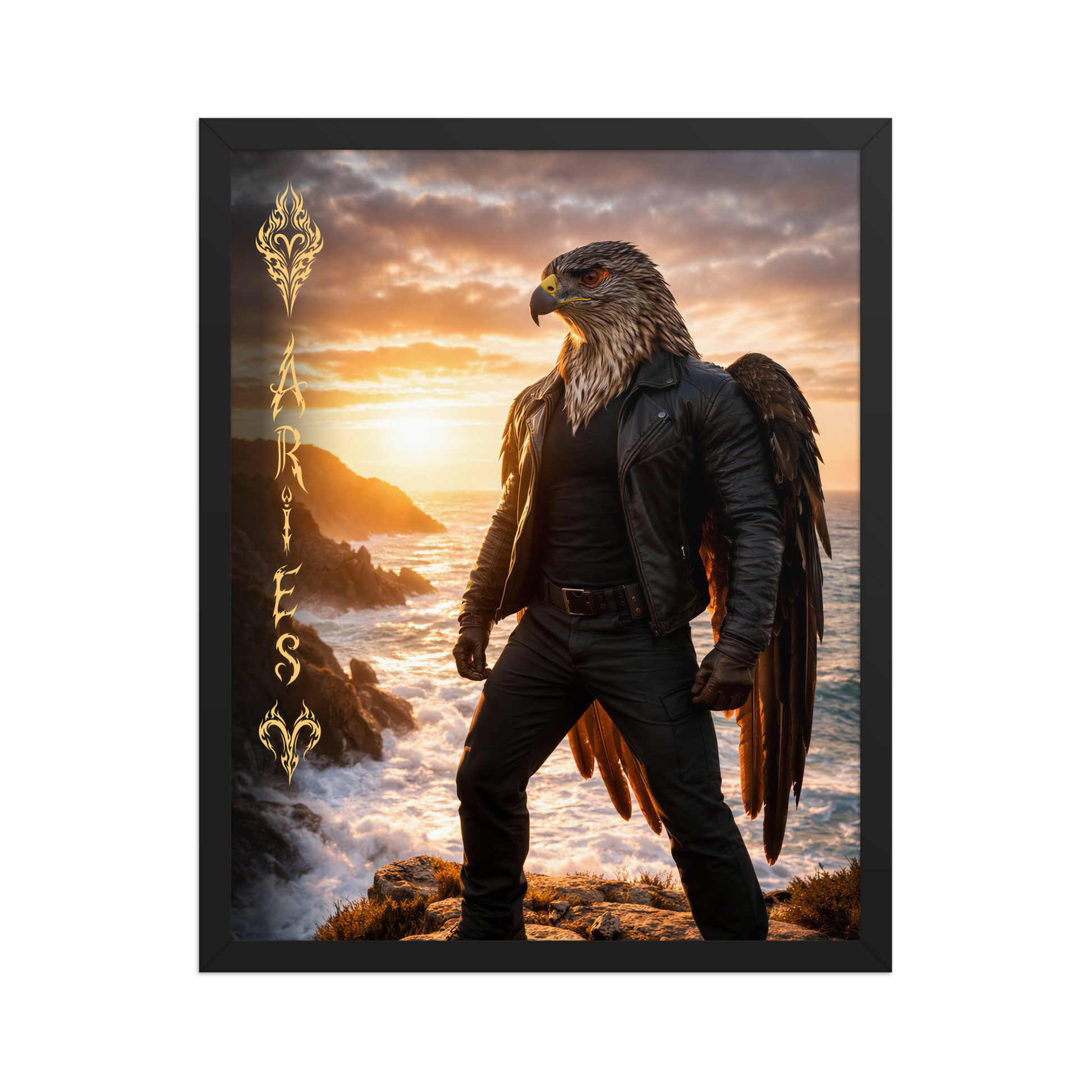 Framed Aries man poster featuring a powerful eagle figure standing above ocean cliffs at sunset, symbolizing strength, courage, and leadership.