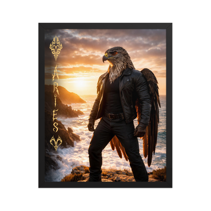 Framed Aries man poster featuring a powerful eagle figure standing above ocean cliffs at sunset, symbolizing strength, courage, and leadership.