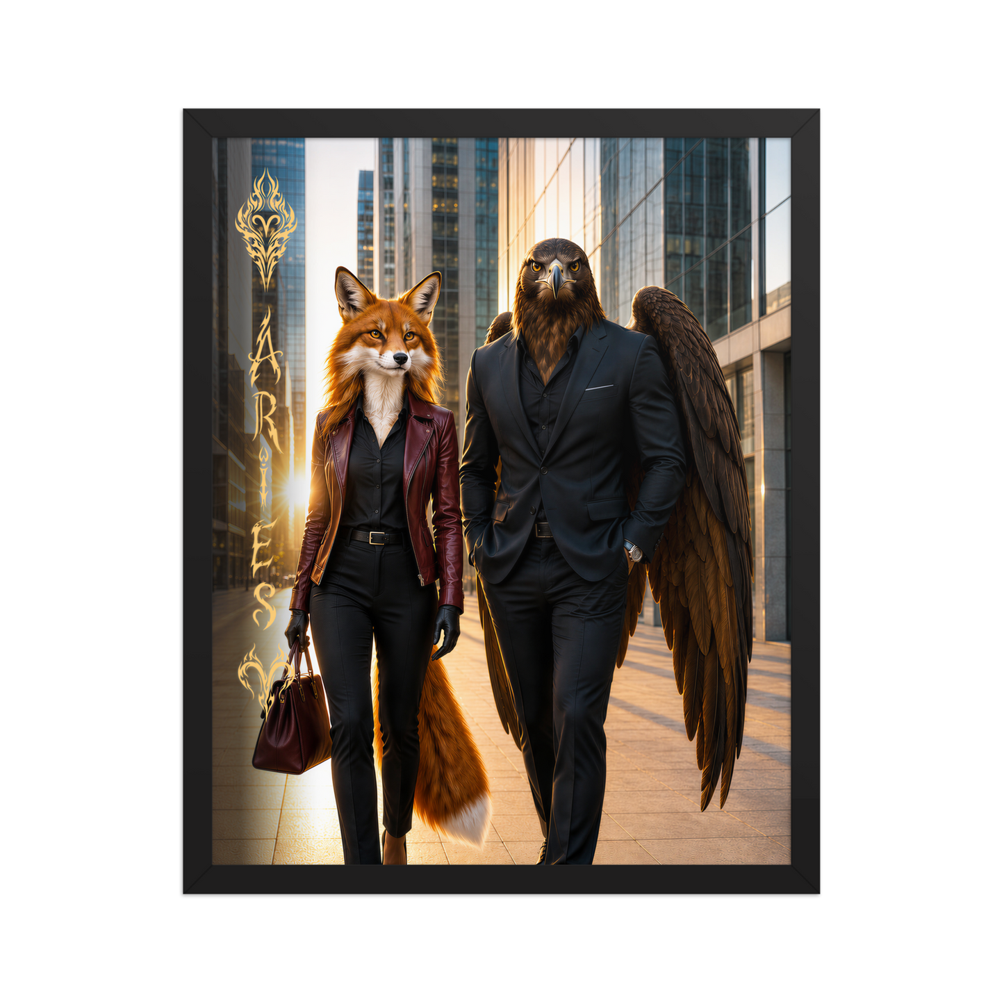 Framed Aries power couple poster featuring eagle and fox archetypes walking through a modern city, symbolizing strength, ambition, and partnership.