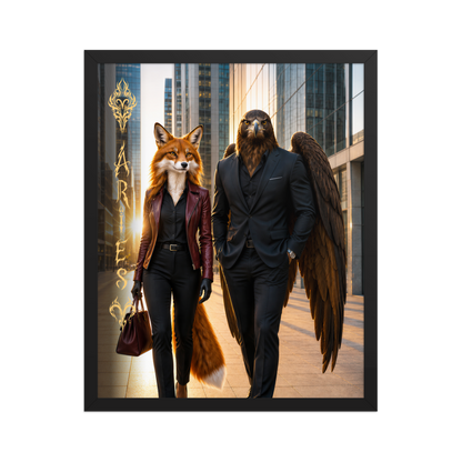 Framed Aries power couple poster featuring eagle and fox archetypes walking through a modern city, symbolizing strength, ambition, and partnership.