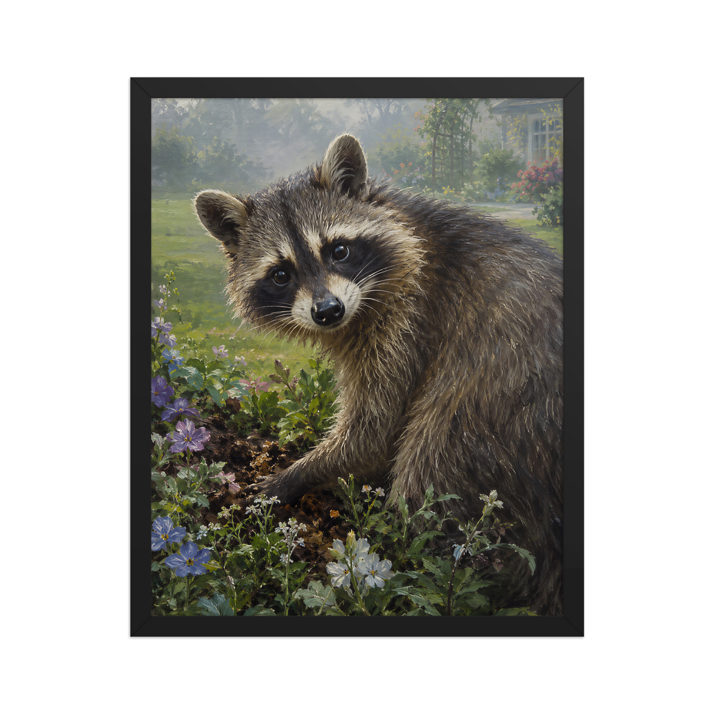 Garden Raccoon Curiosity Framed Poster