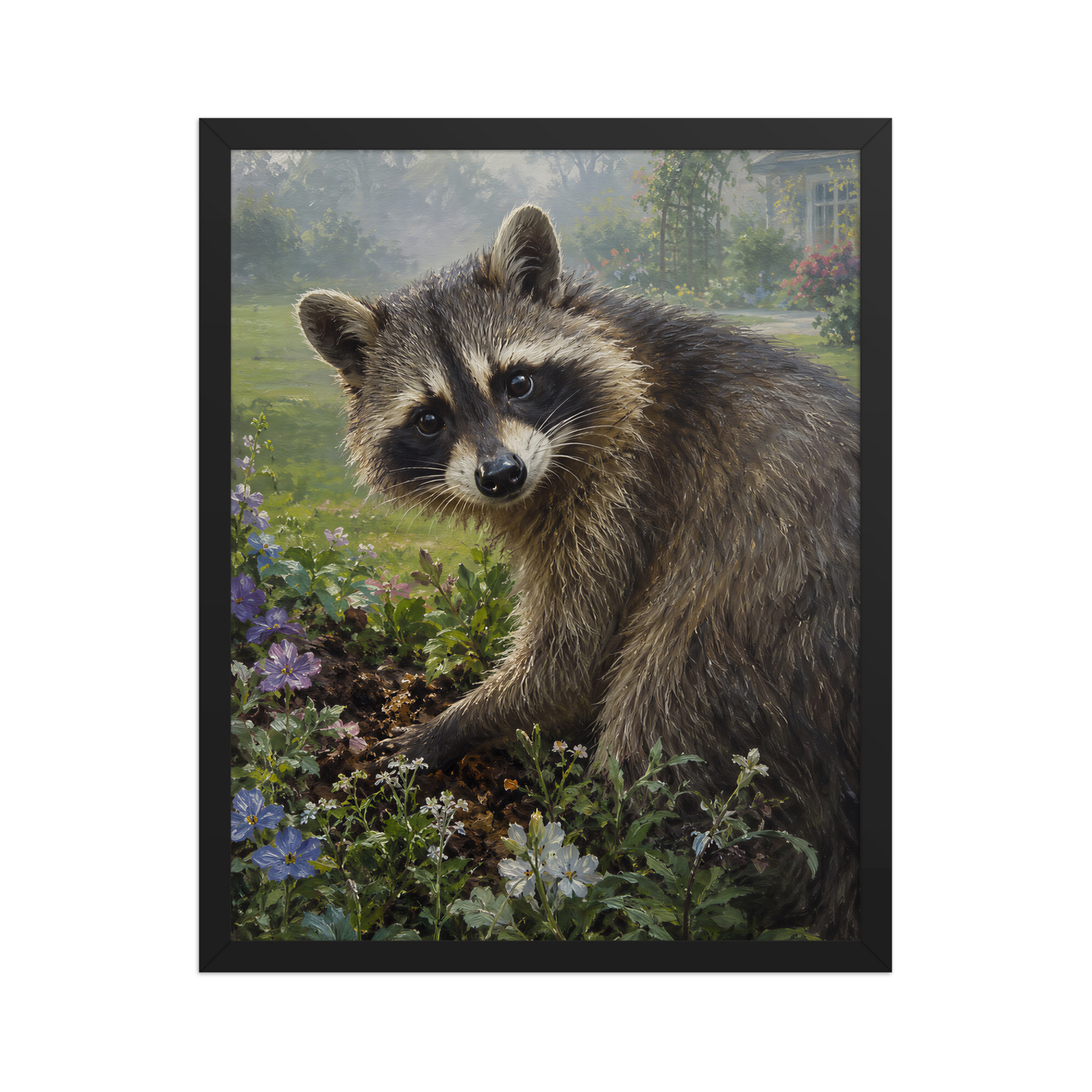 Garden Raccoon Curiosity Framed Poster