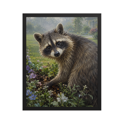 Garden Raccoon Curiosity Framed Poster