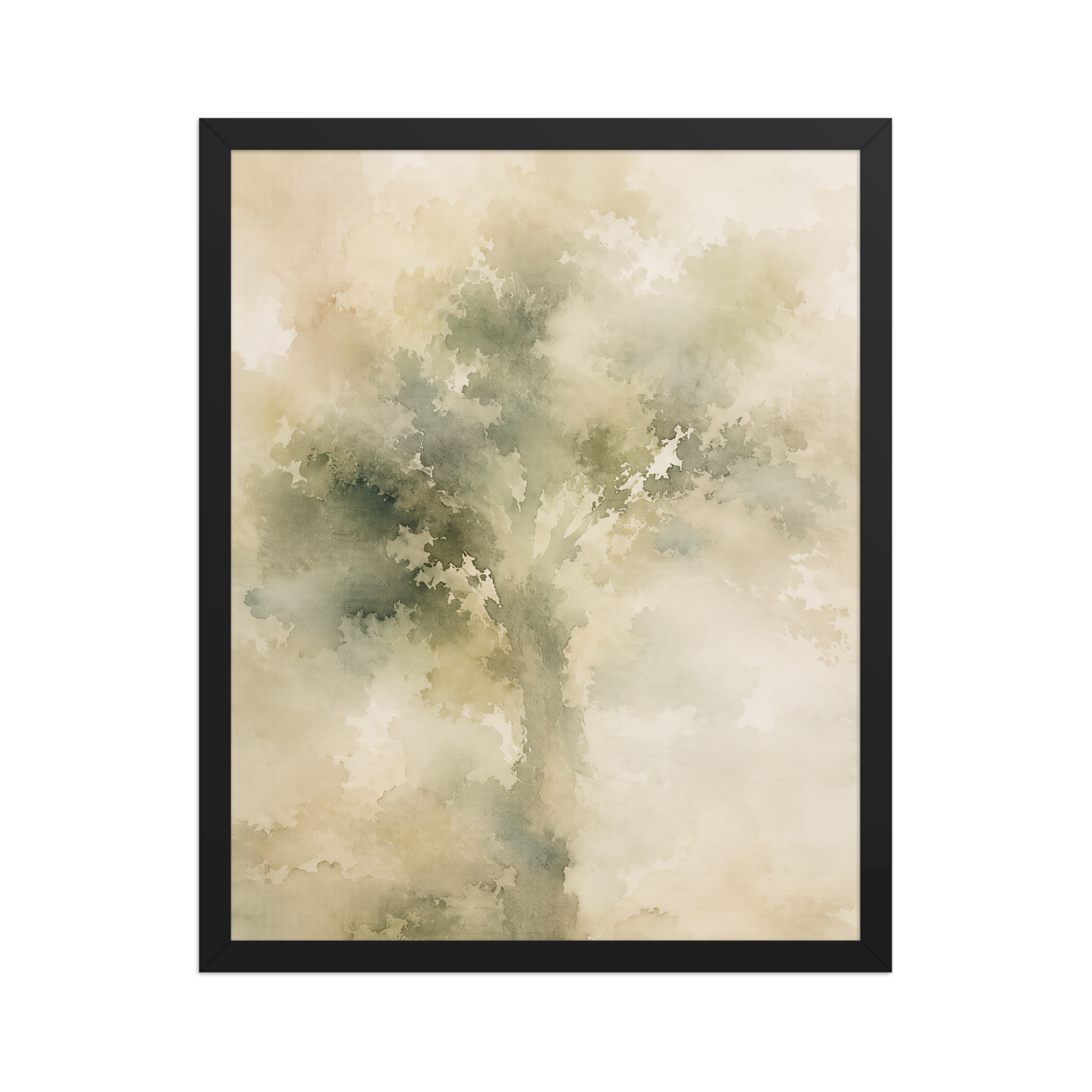 Framed minimalist nature poster featuring a softly emerging tree form in muted green and warm neutral tones.