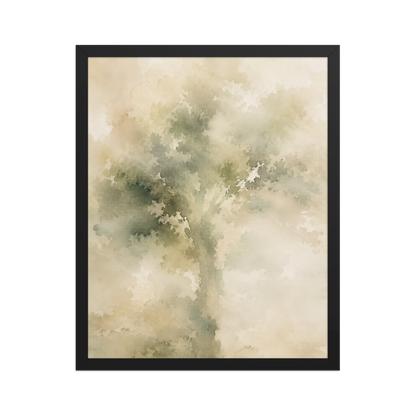 Framed minimalist nature poster featuring a softly emerging tree form in muted green and warm neutral tones.