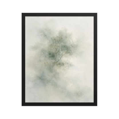 Framed minimalist watercolor-inspired artwork with a softly emerging tree form and subtle neutral tones.