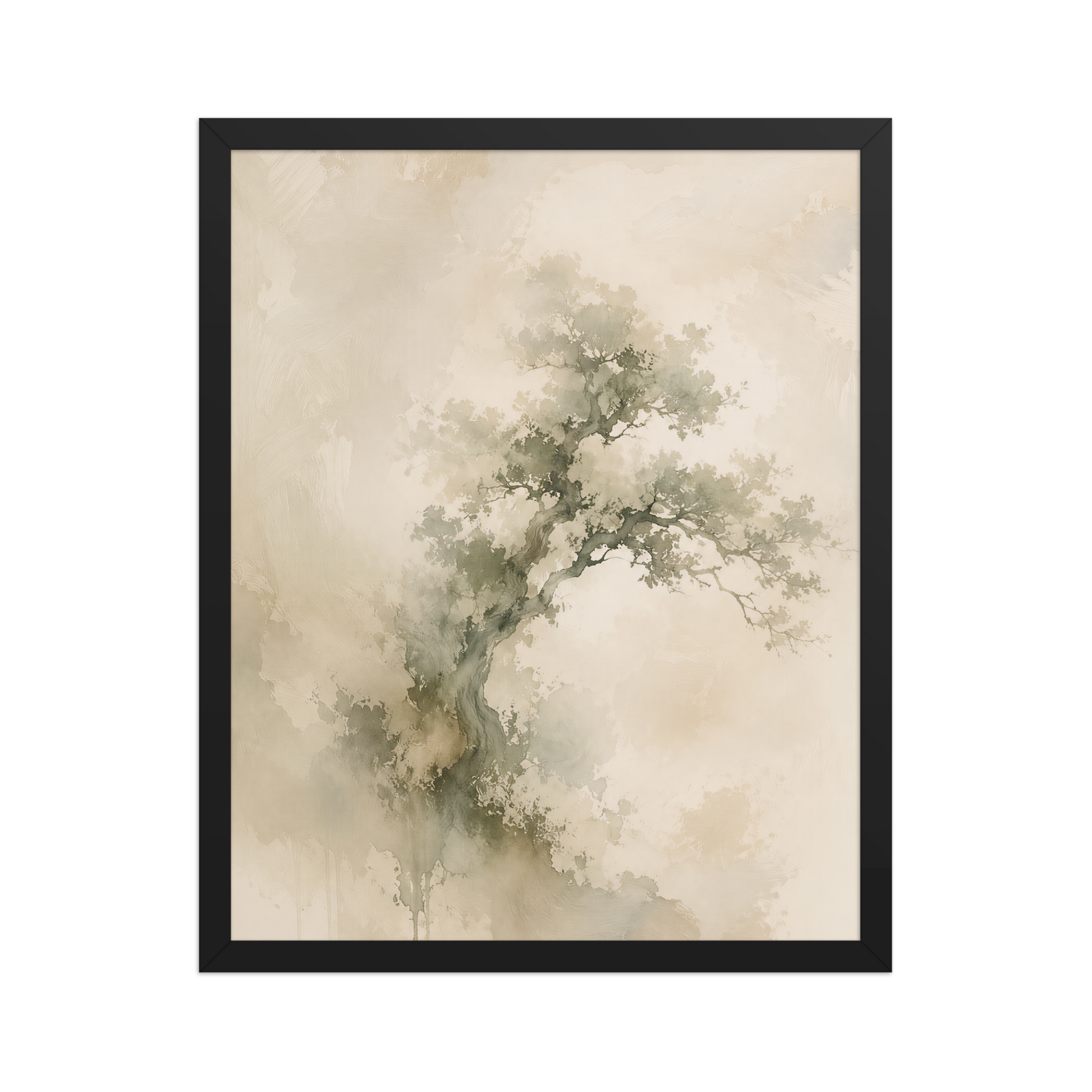 Framed minimalist nature-inspired poster featuring an emerging tree form in soft earthy neutral tones.